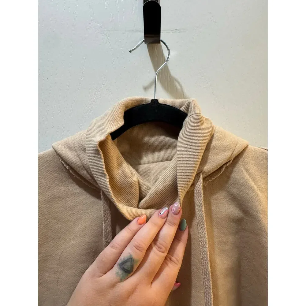 Alo Yoga Effortless Crop Hoodie Funnel Neck Taupe Raw Edge Est Large
